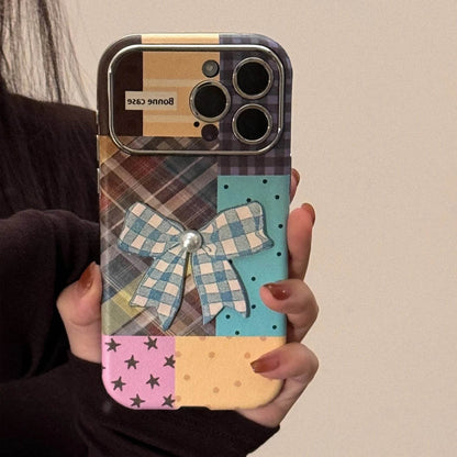 Cute Phone Cases iPhone 16, 15, 14, 13 Pro Max - Leather Texture Splicing Checker Bowknot Sticker Cover - PC3550 - Touchy Style