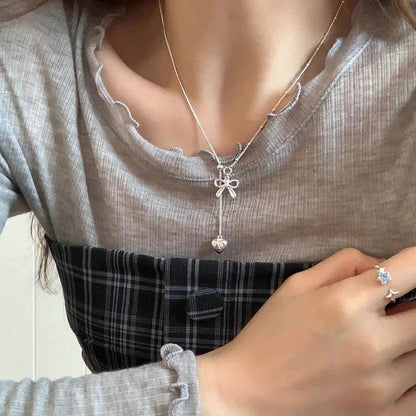 PANJBJ 925 Sterling Silver Bowknot Necklace For Women Love Heart Tassels Bead Choker Adjustable Jewelry Dropshipping - Touchy Style