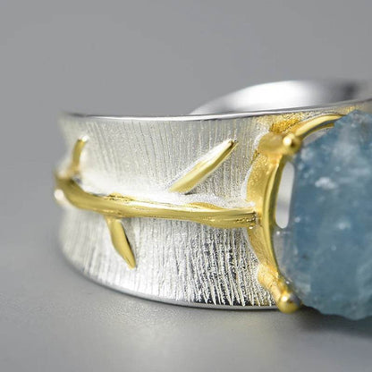 Lotus Fun Long Leaves Natural Aquamarine Gemstone Adjustable Rings for Women 925 Sterling Silver Original Luxury Fine Jewelry - Touchy Style