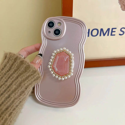 pearl Pink gemstones art Bracket shell woman girls Phone case For iPhone 16 15 14 13 Pro Max Case Cute Luxury Plating Soft Cover - Touchy Style