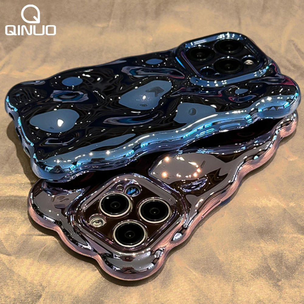 Luxury Curved Waves 3D Bubble Plating Glossy Phone Case For iPhone 16 15 Plus 14 13 12 Pro Max 11 Shockproof Soft Bright Cover