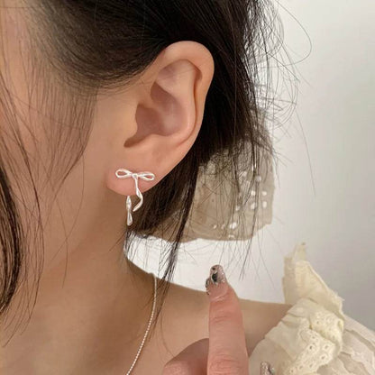 Stud Earrings Charm Jewelry - Silver Color Bowknot Sweet Design - B7510 - Touchy Style
