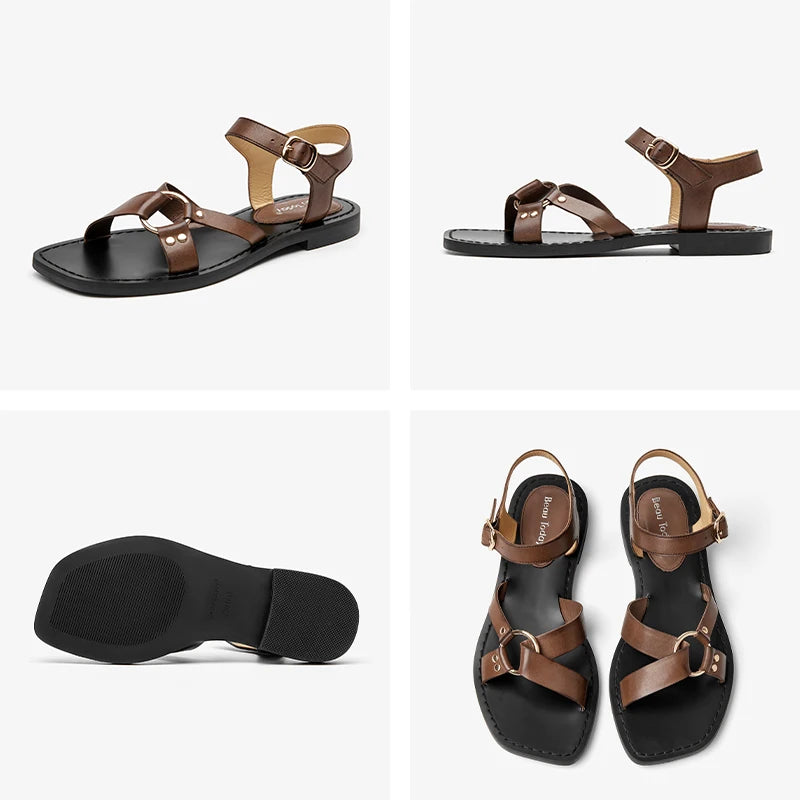 BEAUTODAY Fashion Sandals Women Genuine Cow Leather Buckle Strap Metal Decoration Solid Color Summer Ladies Shoes Handmade 32441
