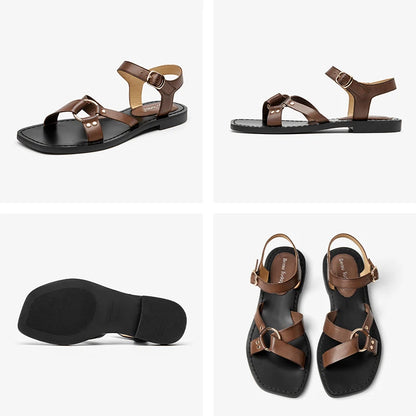 BEAUTODAY Fashion Sandals Women Genuine Cow Leather Buckle Strap Metal Decoration Solid Color Summer Ladies Shoes Handmade 32441