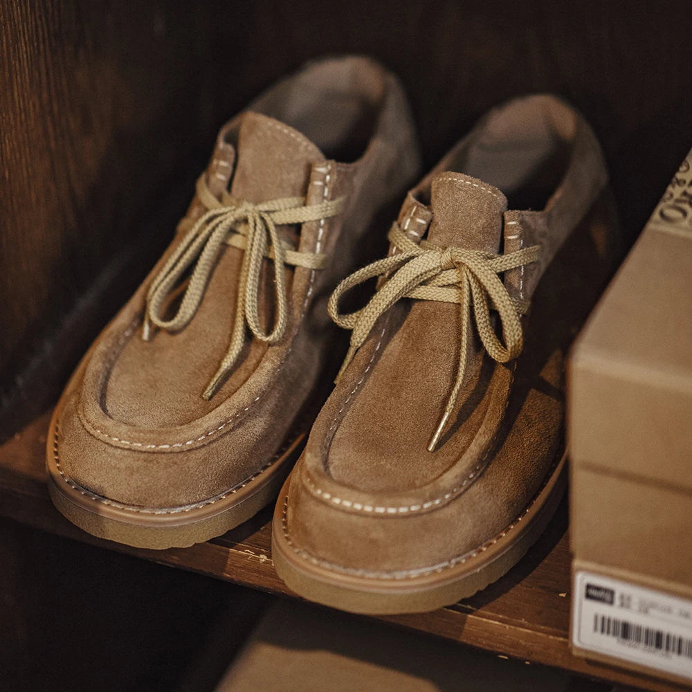 Maden Vintage Khaki Shoes Casual Loafers Soft Sole Shoes with Laces Versatile Genuine Leather Shoes for Men&