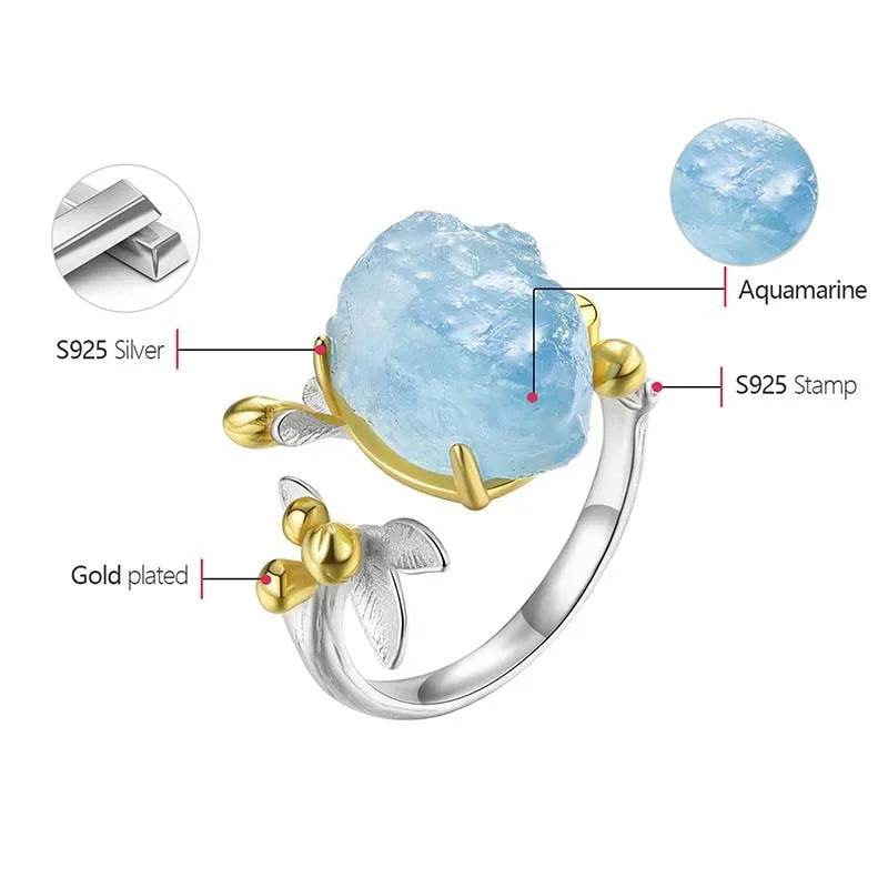 Lotus Fun 18K Gold Natural Aquamarine Gemstone Flower Adjustable Rings for Women Real 925 Sterling Silver Fine Luxury Jewelry - Touchy Style