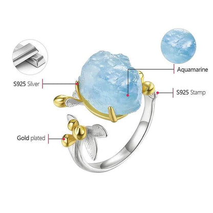 Lotus Fun 18K Gold Natural Aquamarine Gemstone Flower Adjustable Rings for Women Real 925 Sterling Silver Fine Luxury Jewelry - Touchy Style