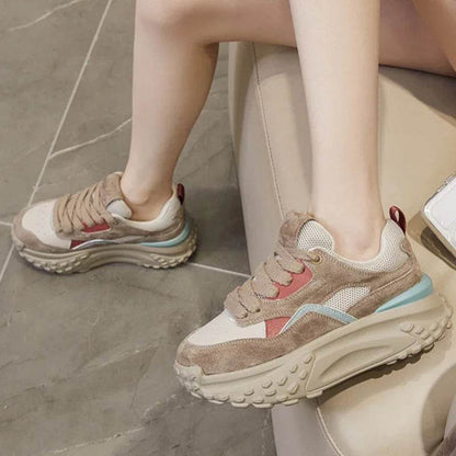6cm Genuine Leather Platform Mesh Breathable Sneakers Chunky Hidden Heel Mixed Color Women Autumn Spring Vulcanize Shoes - Touchy Style