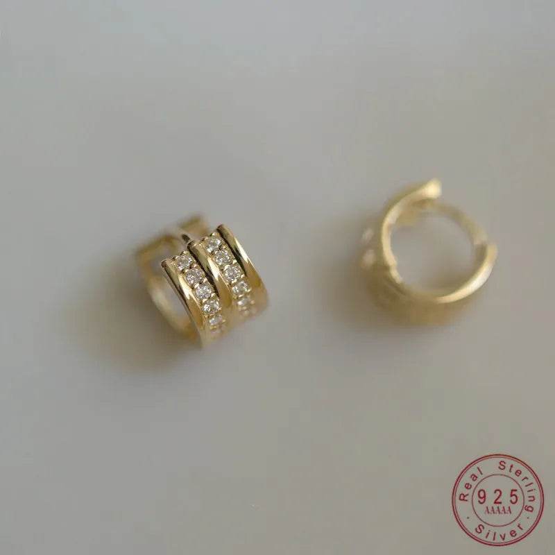 925 Sterling Silver Plated 14K Gold Shining Double Row Zircon Earrings for Women High Quality Stylish Simple Jewelry - Touchy Style