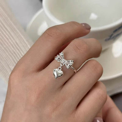 PANJBJ 925 Sterling Silver Bowknot Ring for Women Love Heart Minimalism Sweet Romantic Adjustable Jewelry Gift Dropshipping - Touchy Style