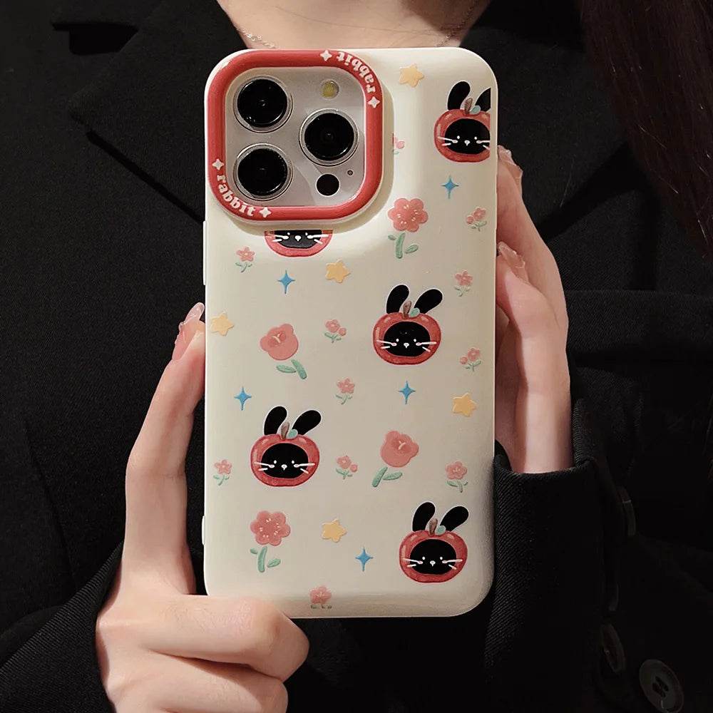 Cute Phone Cases For iPhone 16, 15, 14, 13, 12, 11 Pro Max, Xr, 16 Plus - Funny Tomato Black Rabbit Flowers Cover - IC6040 - Touchy Style