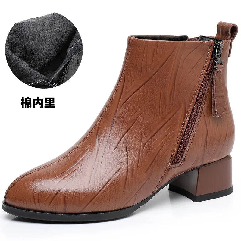 New Ankle Boots Women Pointed Toe Thick Heels Genuine Leather Shoes Short Boots Soft Sole Footwear Plus Size 35-43 - Touchy Style
