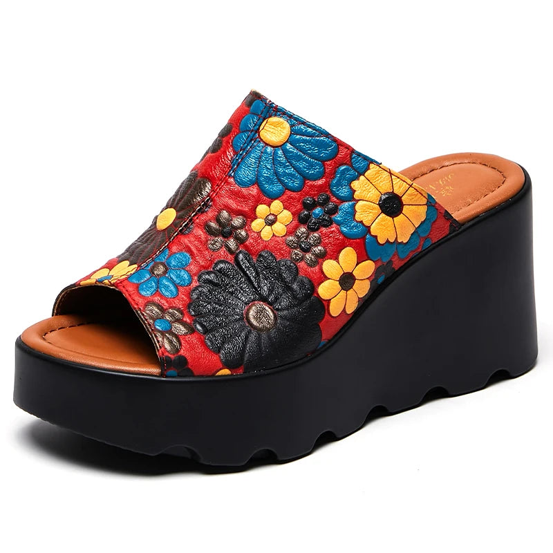 Genuine Leather Flowers Women Fashion Slippers Sandals New Summer Thick Sole High Heel Silppers Outer Wear Sandals