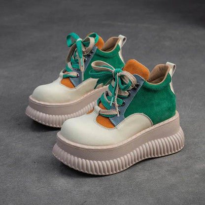 Spring New Genuine Leather Flat Platform Shoes Mixed Colors Thick Sole Shoes For Casual Sneakers Women&