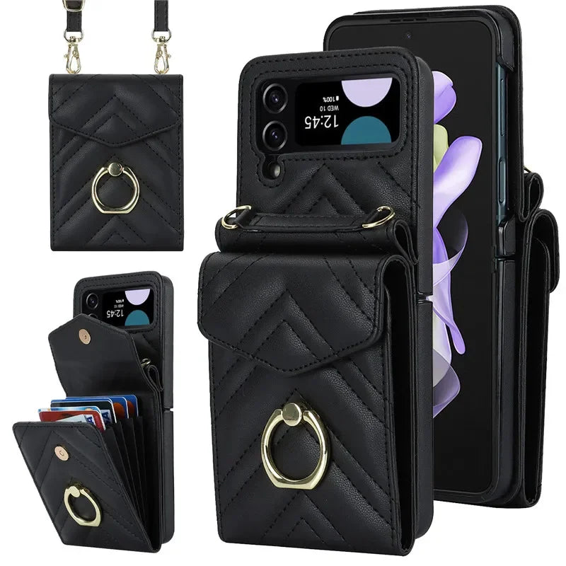 BCPC947 Cute Phone Cases for Galaxy Z Flip 5, Galaxy Z Flip 4, and Galaxy Z Flip 3 - Luxury Crossbody Leather Wallet Cover
