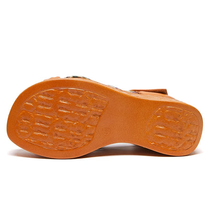 Retro Sandals Summer New Hook &amp; Loop Bohemian Genuine Leather Comfortable Thick Bottom Women&