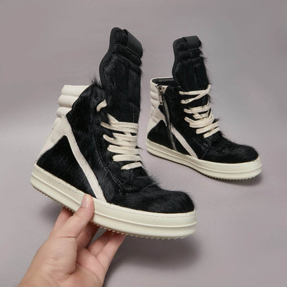 Outdoor Designer Casual Women Shoe Horse Fur Leather Men Sneaker Black Low Top Lace Up Quality Luxury Thick-sole Flat Shoe - Touchy Style