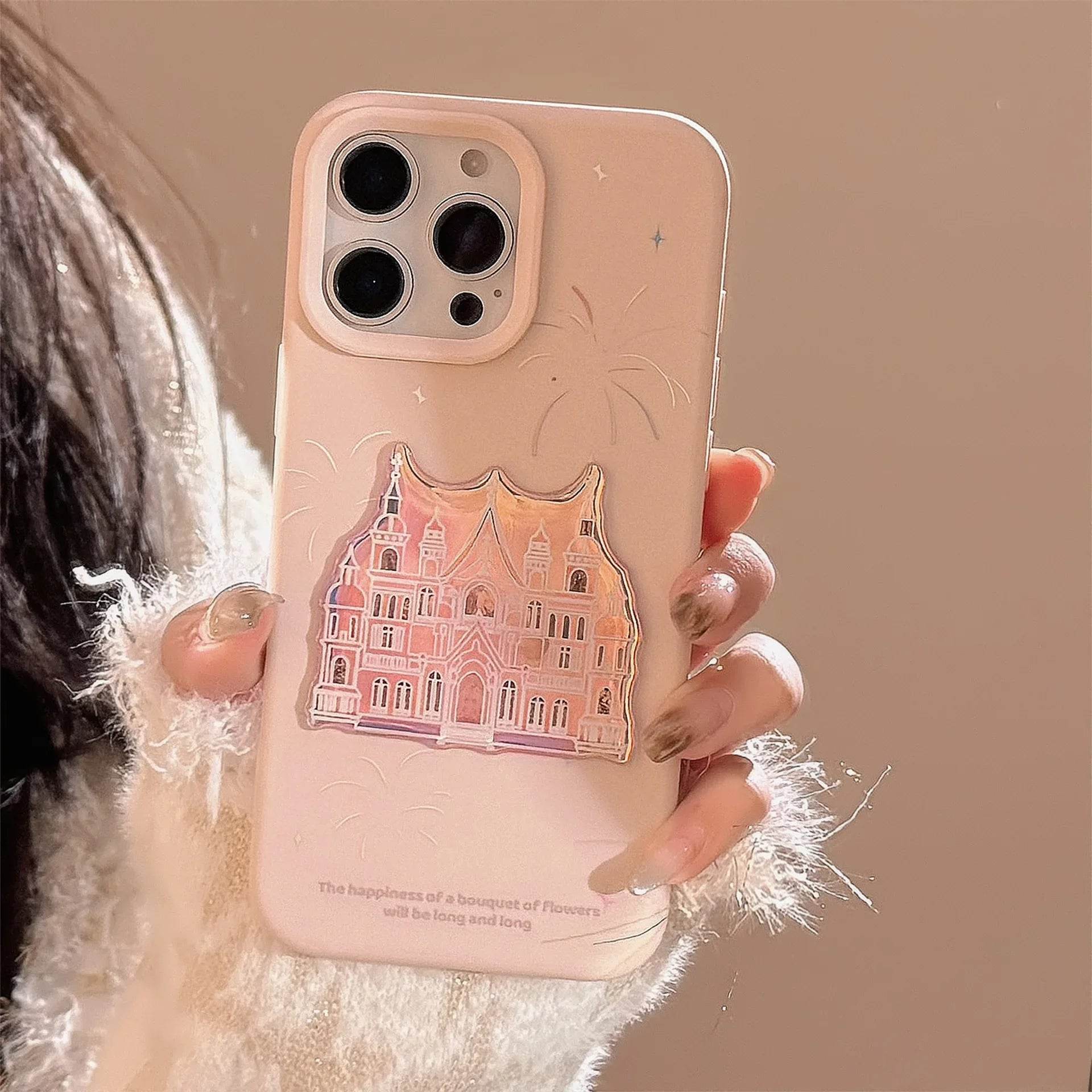 Cute Phone Cases For iPhone 16, 15, 14, 13, 12, 11 Pro Max - Pink Castle, Laser Art with Sweet Bracelet Pendant - IC1050 - Touchy Style