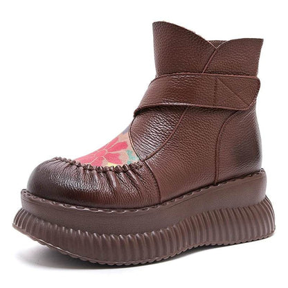 Handmade Ankle Boots Platform Women Genuine Cow Leather Short Boots Round Toe Height Increasing Thick Sole Ladies Shoes - Touchy Style
