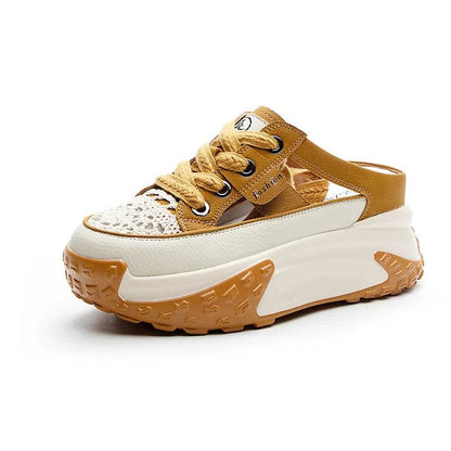 Genuine Leather Slippers Women Hollow Mules Summer Height Increasing Breathable Casual Shoes Wedges Platform Slip On Sneakers
