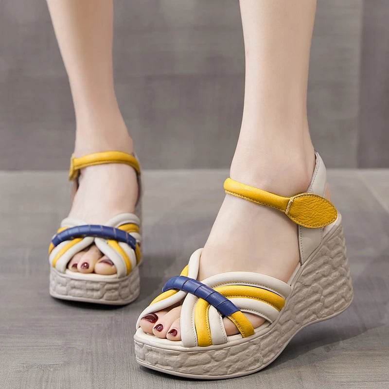Women Sandals Genuine Leather New Summer Women Shoes hook &amp; loop Retro Wedges Casual Platform Ladies Sandals