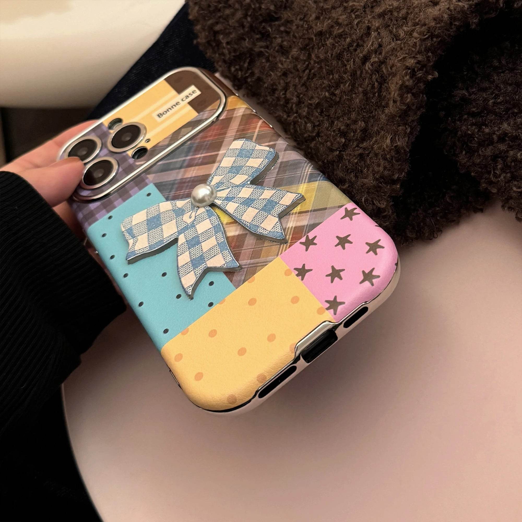 Cute Phone Cases iPhone 16, 15, 14, 13 Pro Max - Leather Texture Splicing Checker Bowknot Sticker Cover - PC3550 - Touchy Style