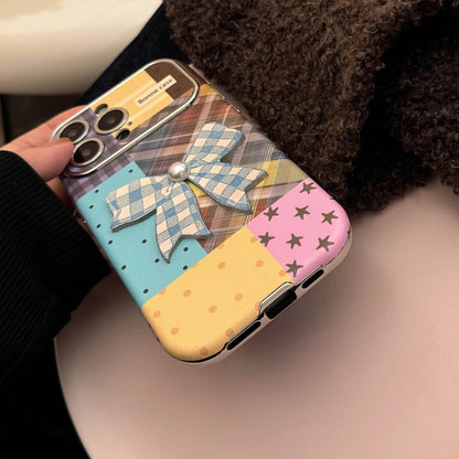 Cute Phone Cases iPhone 16, 15, 14, 13 Pro Max - Leather Texture Splicing Checker Bowknot Sticker Cover - PC3550 - Touchy Style