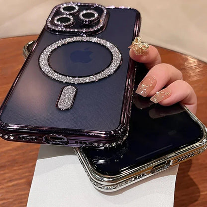 SCCPC1039 Cute Phone Case for iPhone 16, 15, 14, 13, 12, or 11 Pro Max Plus - Diamond Glitter Magnetic Charging Cover