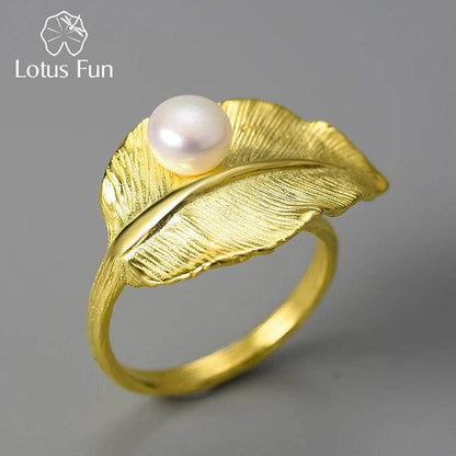 Lotus Fun 18K Gold Natural Pearl Adjustable Wedding New Leaf Rings for Women Real 925 Sterling Silver Dating Luxury Fine Jewelry - Touchy Style