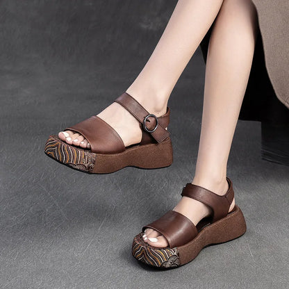Summer New Thick Sole Peep Toe Sandals Genuine Leather Chinese Style Retro Versatile Women&