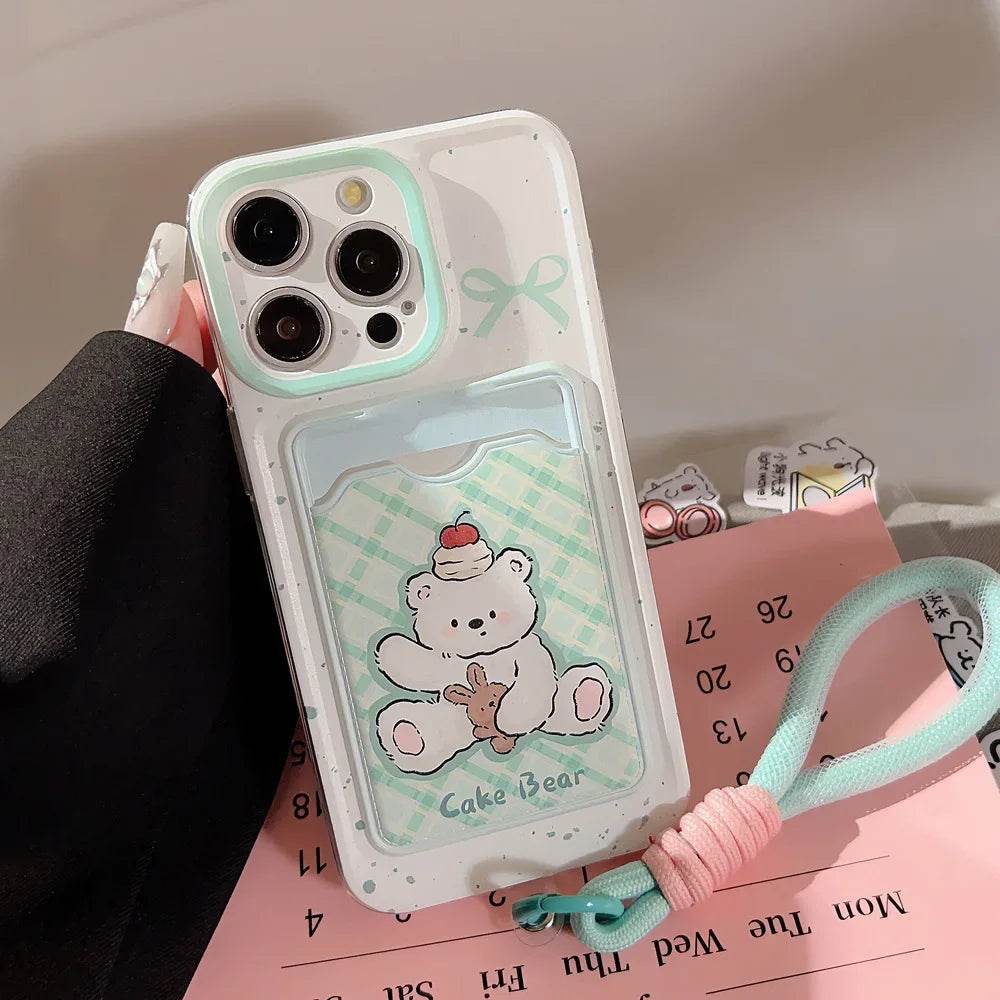 Cute Phone Cases For iPhone 16, 15, 14, 13 Pro Max, Xr, 15, 14, 16 Plus - Cherry Cake Bear Doll - Green plaid Photo Card Holder - IC5320 - Touchy Style
