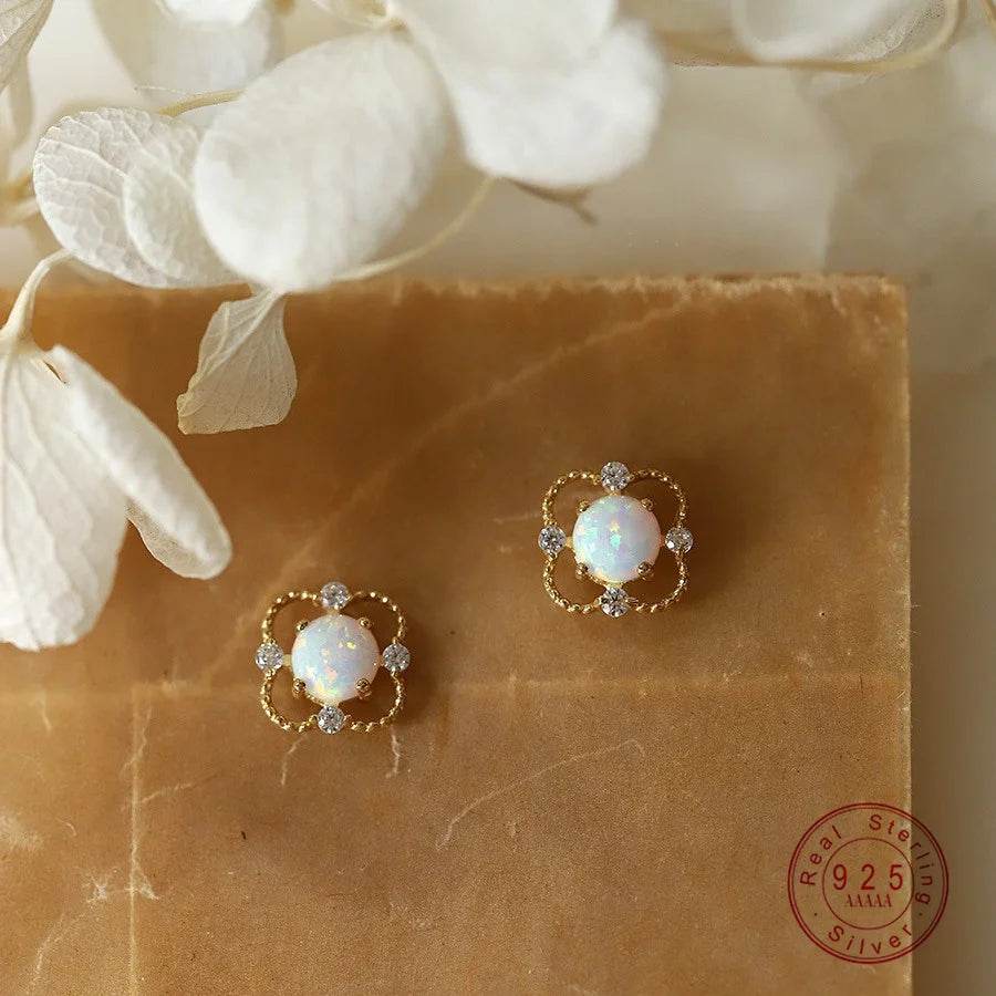 925 Sterling Silver Electroplated 14K Gold Earrings for Women French Imitation Opal Zirconia Flower Light Luxury Earrings - Touchy Style