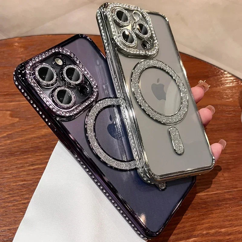 SCCPC1039 Cute Phone Case for iPhone 16, 15, 14, 13, 12, or 11 Pro Max Plus - Diamond Glitter Magnetic Charging Cover