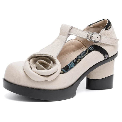 Spring Women Pumps Retro Lady 7CM High Heels Buckle Strap Flower Pumps Handmade Women Genuine Leather Shoes
