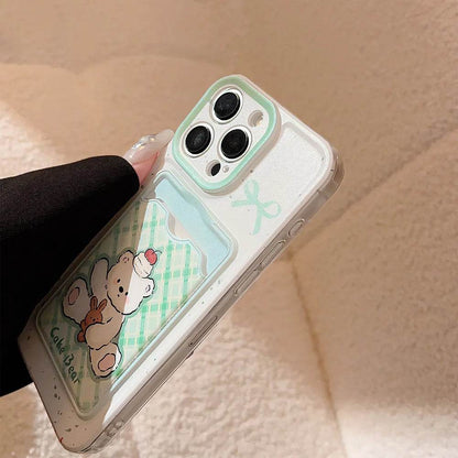 Cute Phone Cases For iPhone 16, 15, 14, 13 Pro Max, Xr, 15, 14, 16 Plus - Cherry Cake Bear Doll - Green plaid Photo Card Holder - IC5320 - Touchy Style