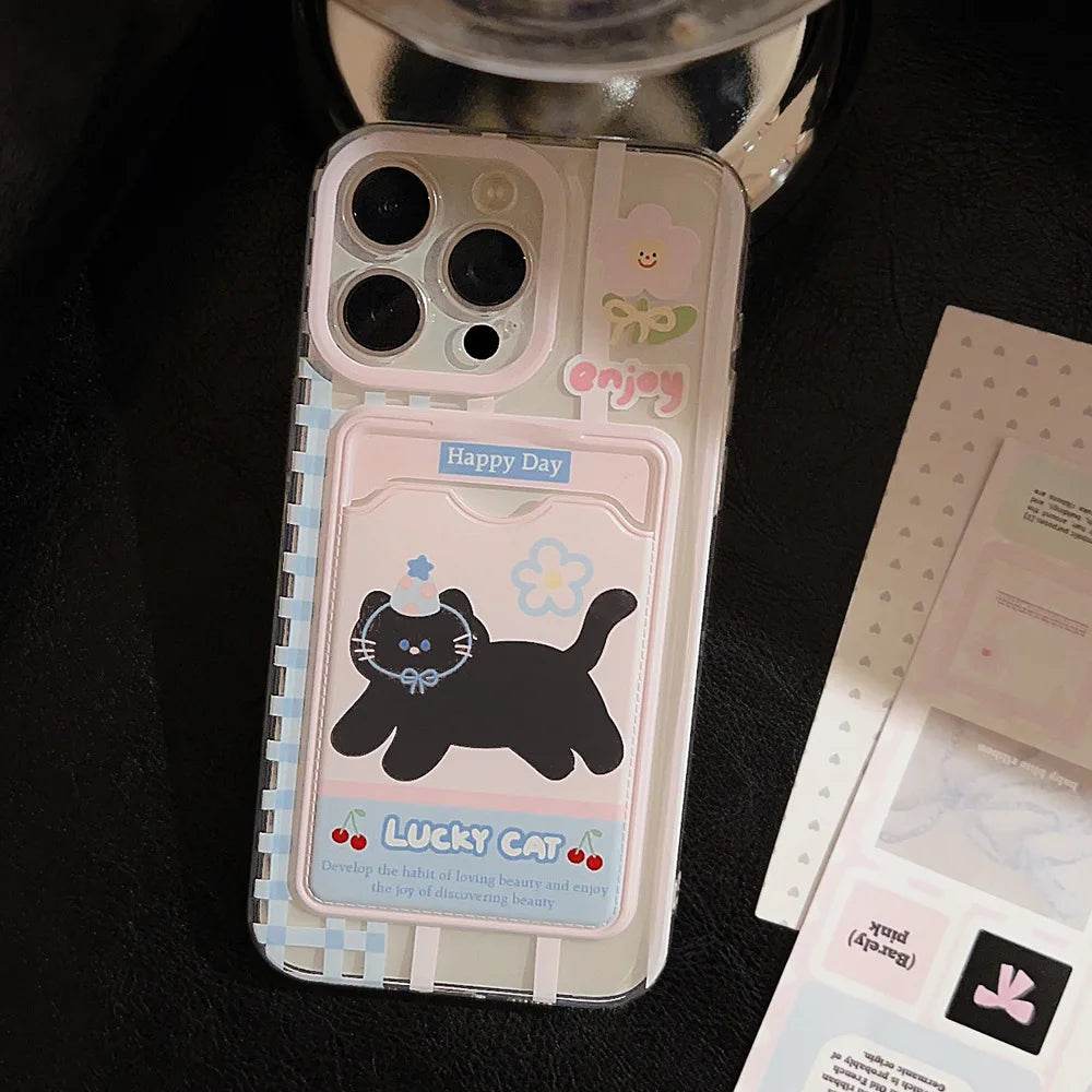 Cute Phone Cases For iPhone 16, 15, 14, 13, 12 Pro Max, Xr, 15 Plus - Cherry Party Black Cat Cartoon Cover - IC5190 - Touchy Style
