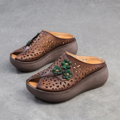 Fashion Cut-outs Women Shoes Slippers Summer Peep Toe Wedge Sandals Genuine Leather Lady Slides Shoes Woman