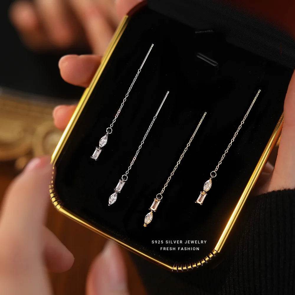 925 Sterling Silver Shiny Geometric Zircon Tassel Earrings Gift for Women S925 Wholesale Jewelry - Touchy Style