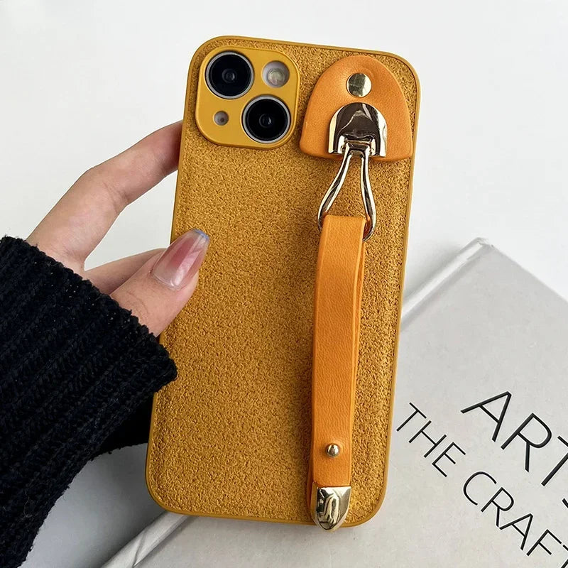 Leather Pattern Wrist Strap Case For iphone 16 15 14 13 12 11 Pro Max XR X Xs Max Luxury Shiny Color Shockproof Phone Cover