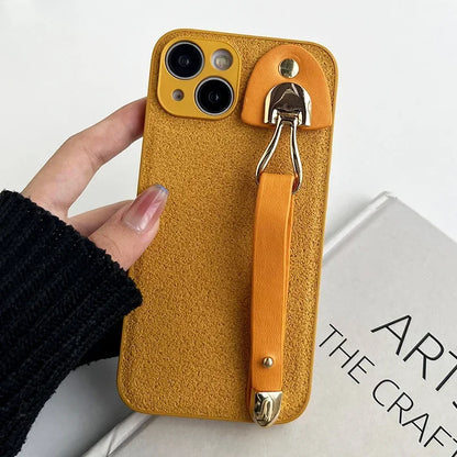Leather Pattern Wrist Strap Case For iphone 16 15 14 13 12 11 Pro Max XR X Xs Max Luxury Shiny Color Shockproof Phone Cover