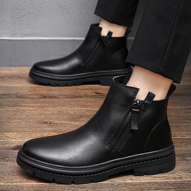 Classic Side Zipper Mens Leather Boots Autumn Winter Male Ankle Boots Comfy Non-Slip Motorcycle Boots Warm Winter Shoes for Men - Touchy Style
