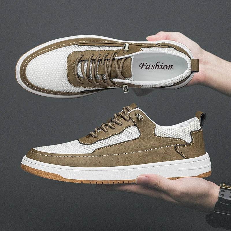 Men Fashion Genuine Leather Shoes Breathable Lace Up Sneakers Comfort Mesh Casual Shoes Outdoor Man Skate Shoes Vulcanize Shoes - Touchy Style