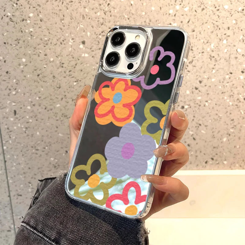 Flower Mirror Phone Case For iPhone 14 Pro Case for iPhone 13 11 12 15 16 Pro Max X XS XR Shockproof Silicone Cover Girl Shell
