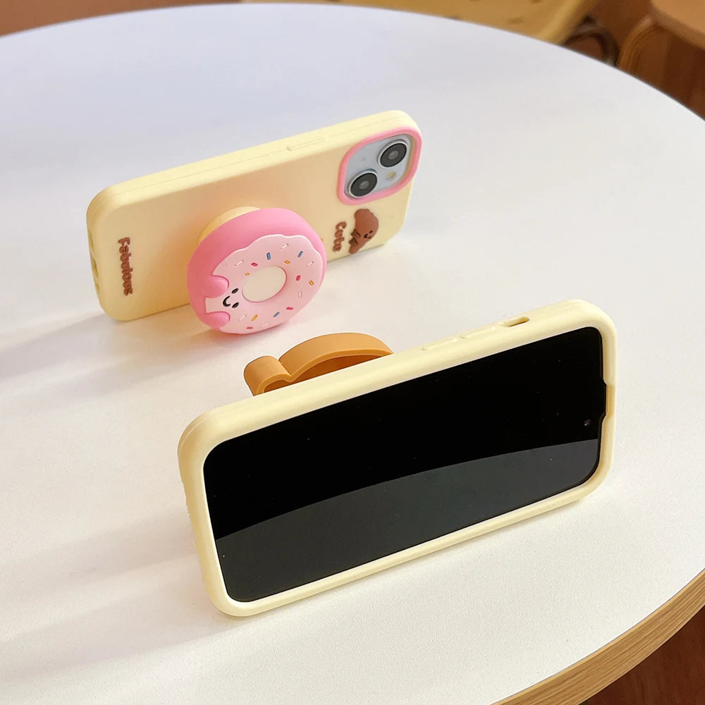 Cute Sweet Fabulous Donut Cookies Bread Cake Case For iPhone 16 15 14 Plus 13 12 Pro Max Soft Silicone Cover With Stand Holder