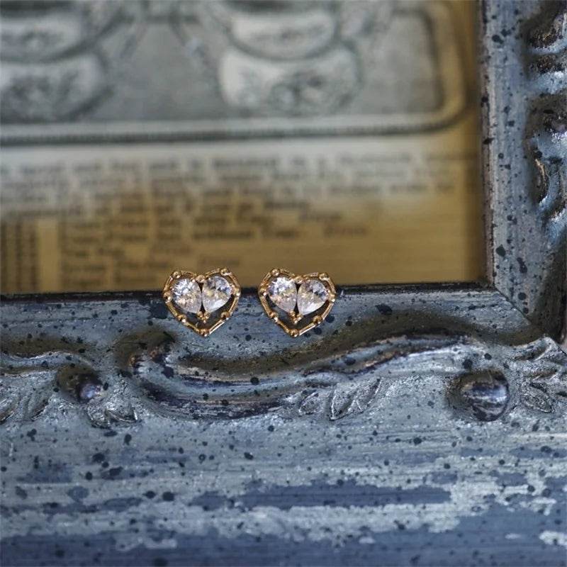 925 Sterling Silver Plated 18K Gold Zircon Heart Earrings for Women Korean Cute Sweet Party Jewelry - Touchy Style
