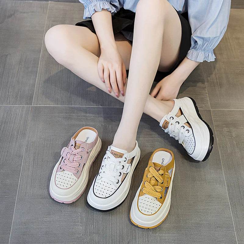 Genuine Leather Slippers Women Hollow Mules Summer Height Increasing Breathable Casual Shoes Wedges Platform Lace-up Sneakers - Touchy Style