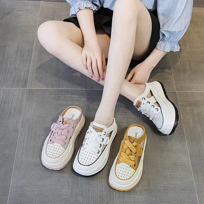 Genuine Leather Slippers Women Hollow Mules Summer Height Increasing Breathable Casual Shoes Wedges Platform Lace-up Sneakers - Touchy Style