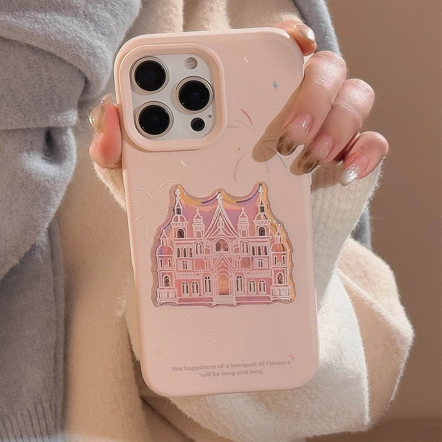 Cute Phone Cases For iPhone 16, 15, 14, 13, 12, 11 Pro Max - Pink Castle, Laser Art with Sweet Bracelet Pendant - IC1050 - Touchy Style