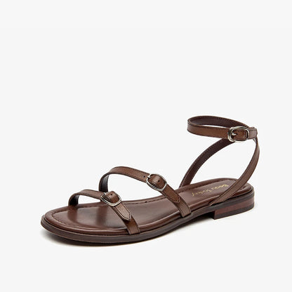 BEAUTODAY Fashion Sandals Women Cow Leather Buckle Strap Open Toe Solid Color Casual Ladies Flat Shoes Handmade 32403