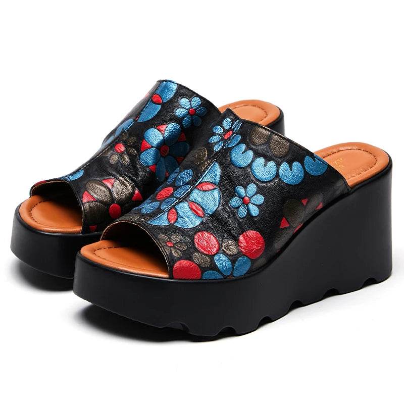 Genuine Leather Flowers Women Fashion Slippers Sandals New Summer Thick Sole High Heel Silppers Outer Wear Sandals